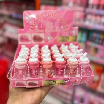 Huda Matte Me Moist Lip Gloss - Cute Mini Milk Bottle/Cup Shape with Beaded Keychain